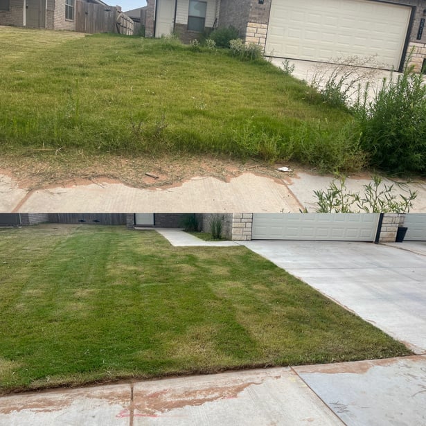 before and after photos of a lawn before and after being mowed